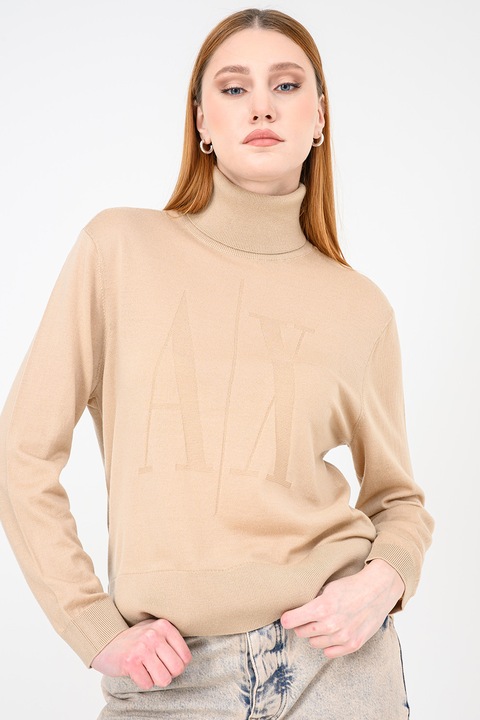 ARMANI EXCHANGE, Pulover de lana lejer cu guler inalt, Maro nisip
