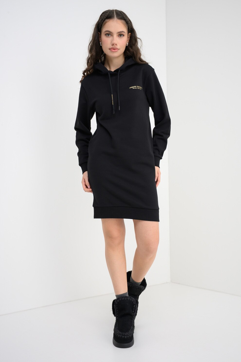 ARMANI EXCHANGE, Rochie scurta din bumbac cu gluga, Negru, M