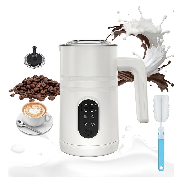 Aparat pentru spuma lapte 4 in 1, BestPlaza®, Frother electric, Afisaj temperatura LED, Spumare Cald si Rece, Incalzire rapida si inchidere automata, Detasabil, 350ml, 400w, Ideal pentru latte, Ciocolta, Alb
