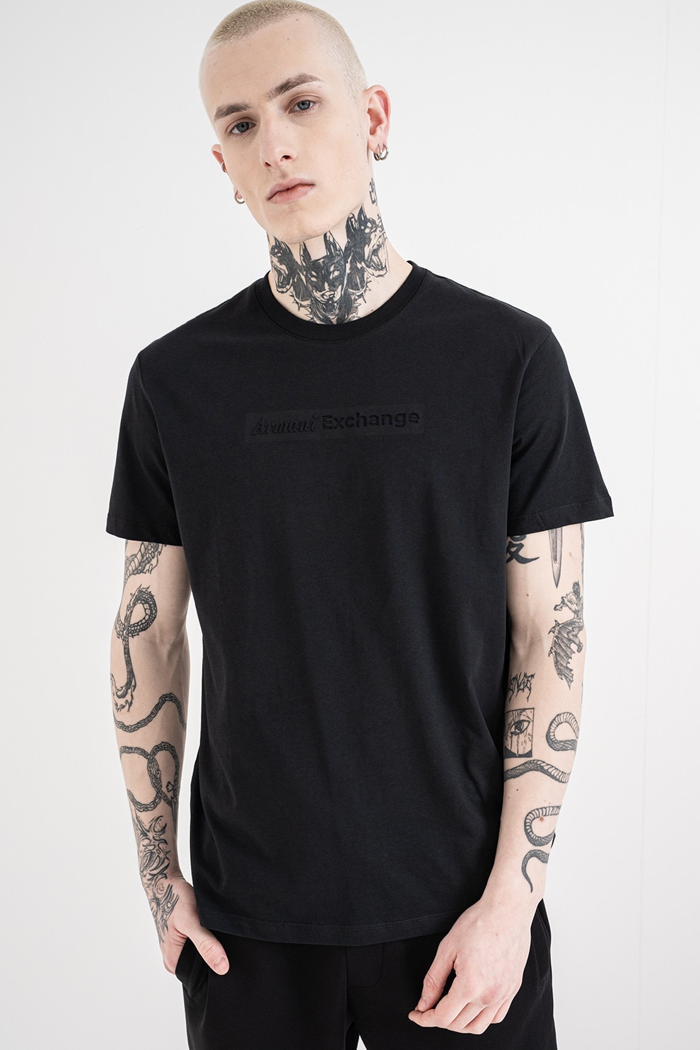 ARMANI EXCHANGE, Tricou regular fit de bumbac cu logo pe piept, Negru stins, S
