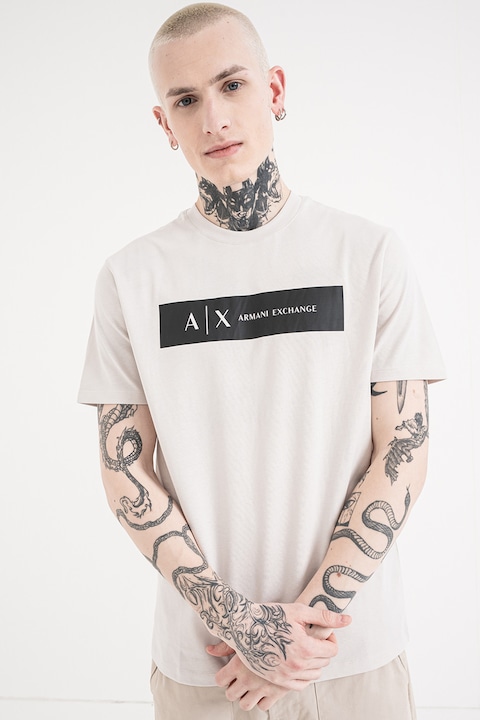 ARMANI EXCHANGE, Памучна тениска с контрастно лого, Черен/Светло сив