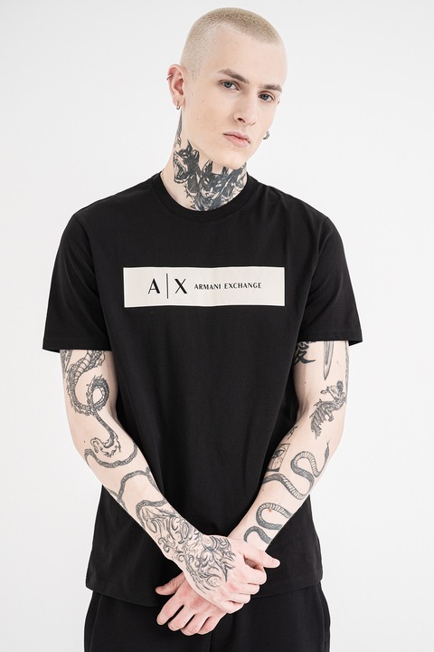 ARMANI EXCHANGE, Tricou regular fit de bumbac cu logo contrastant, Negru/Alb murdar