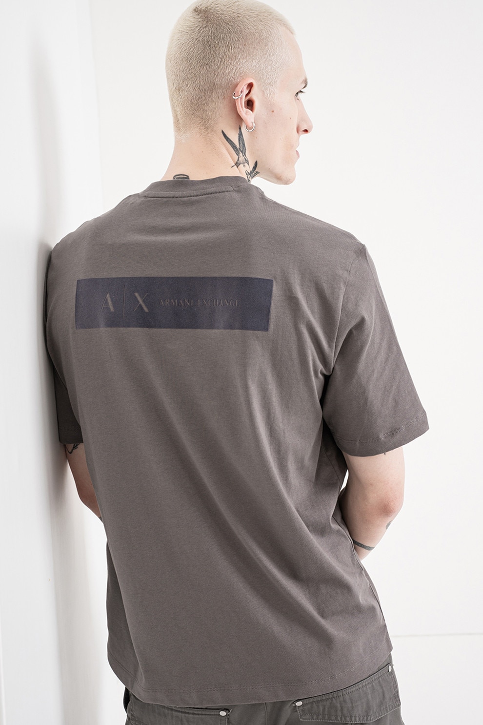 ARMANI EXCHANGE, Tricou de bumbac cu logo pe spate, Gri deschis, Gri inchis, M