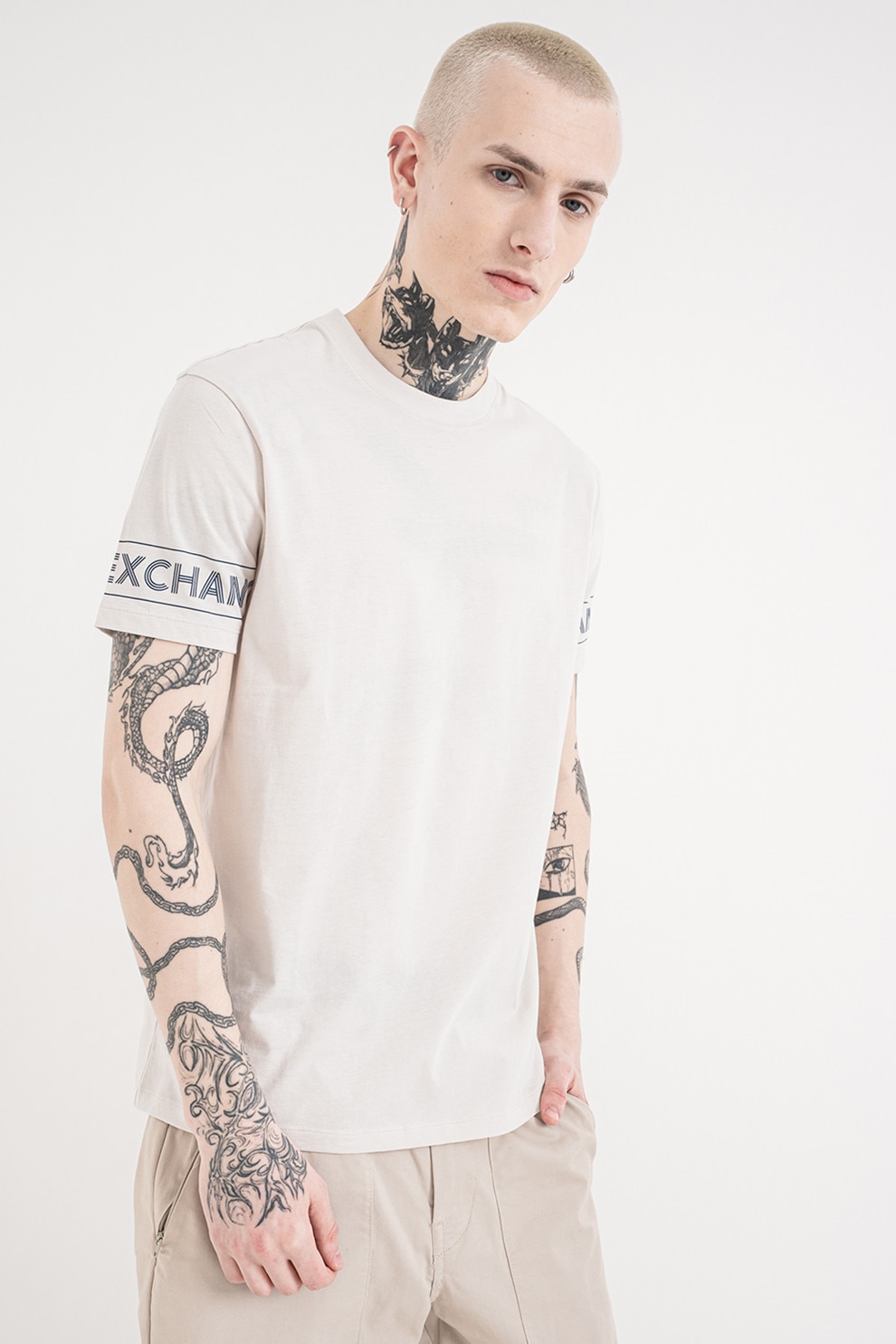 ARMANI EXCHANGE, Tricou de bumbac cu logo pe maneca, Gri deschis, Albastru ultramarin, L