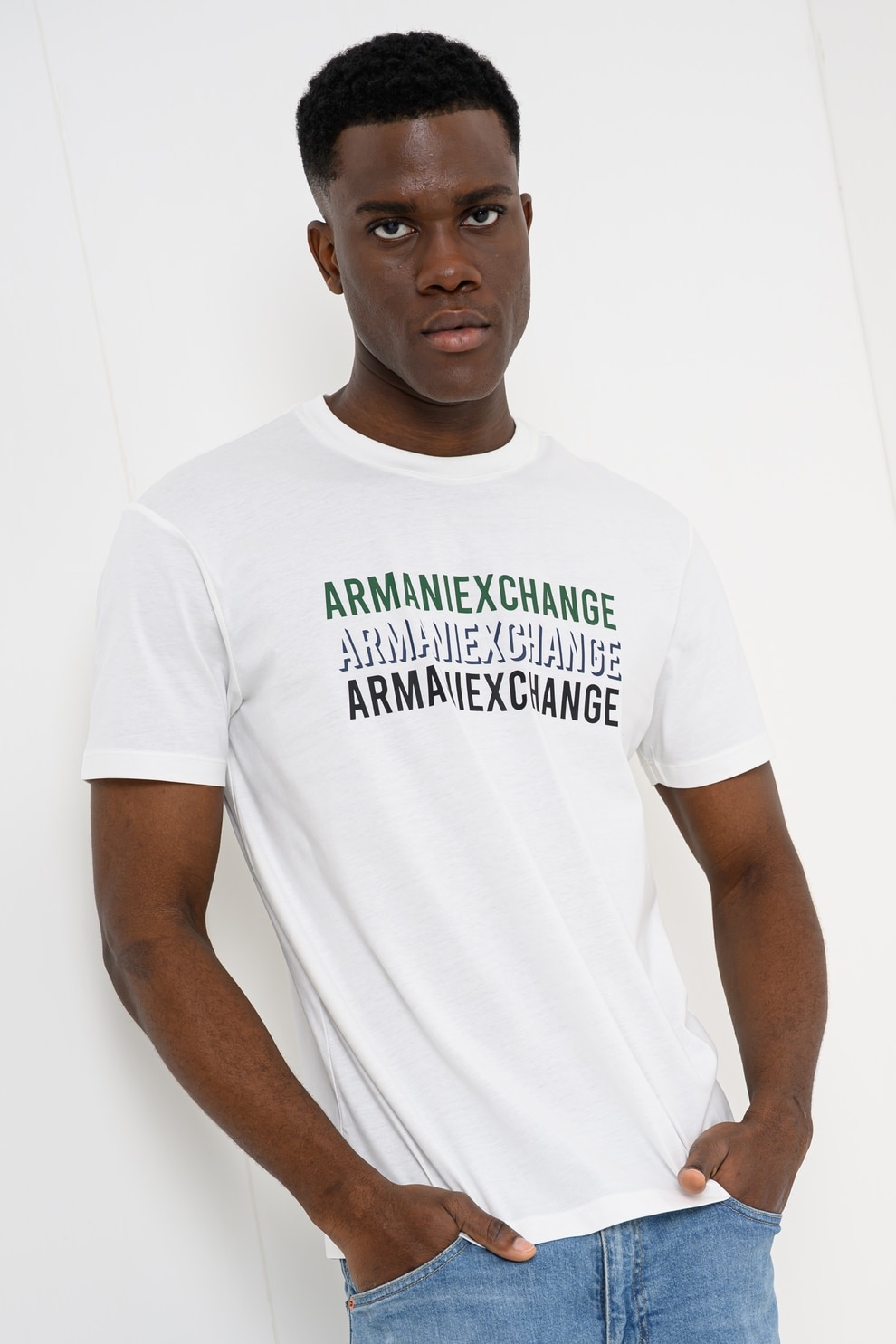ARMANI EXCHANGE, Tricou de bumbac cu logo, Alb, Verde englez