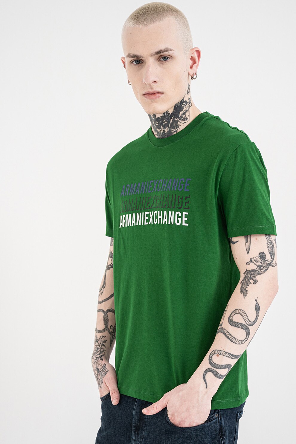 ARMANI EXCHANGE, Tricou de bumbac cu logo, Verde, Albastru, M