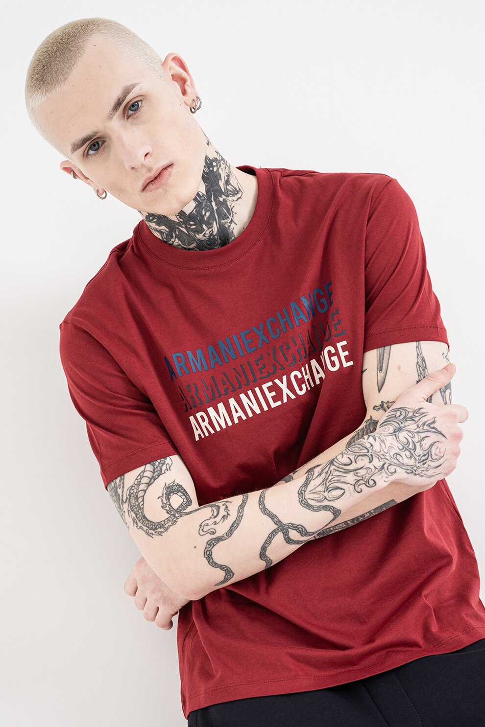 ARMANI EXCHANGE, Tricou de bumbac cu logo, Rosu inchis, Albastru, S