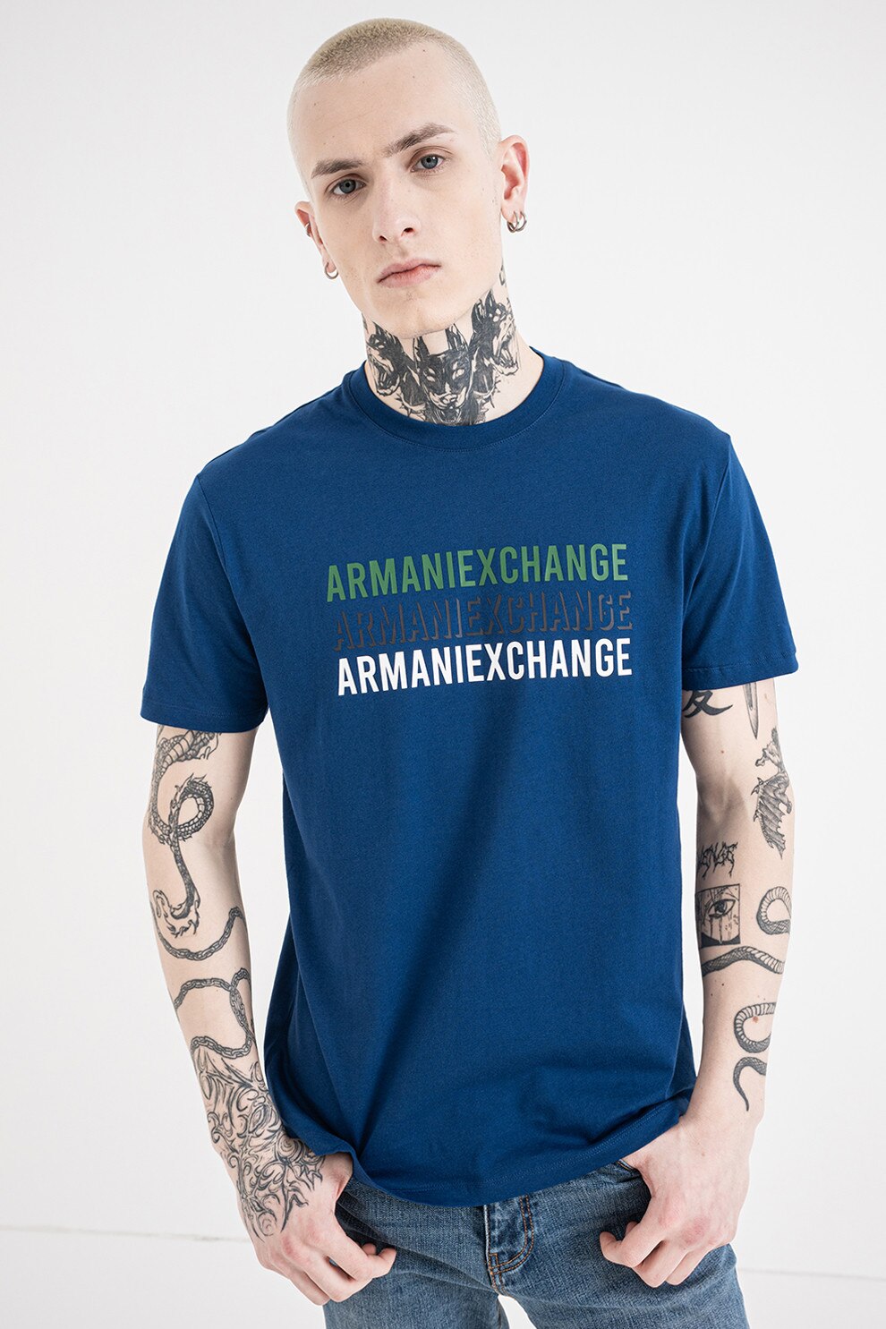 ARMANI EXCHANGE, Tricou de bumbac cu logo, Albastru, Negru, S