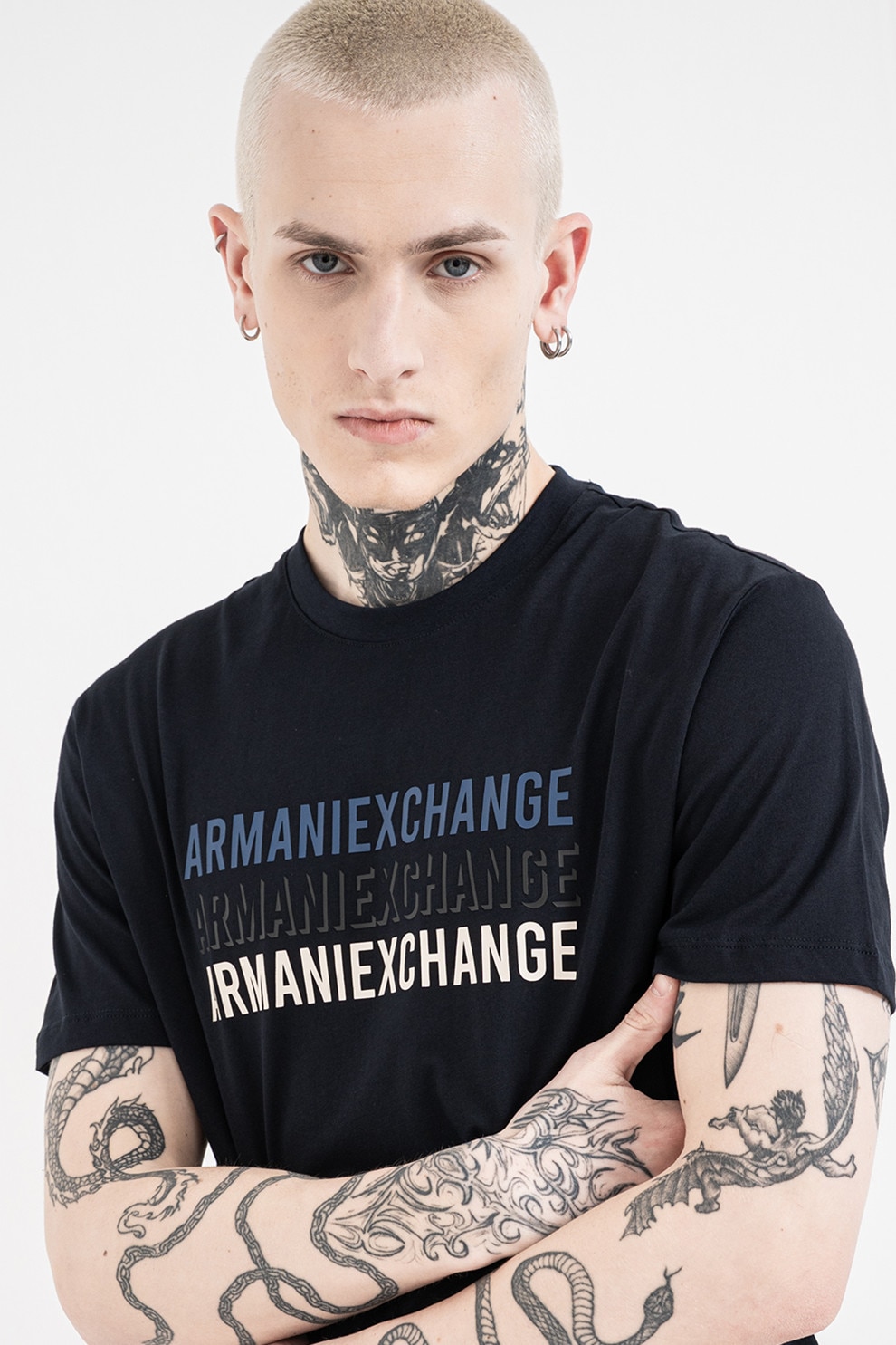 ARMANI EXCHANGE, Tricou de bumbac cu logo, Alb, Albastru ultramarin, 2XL