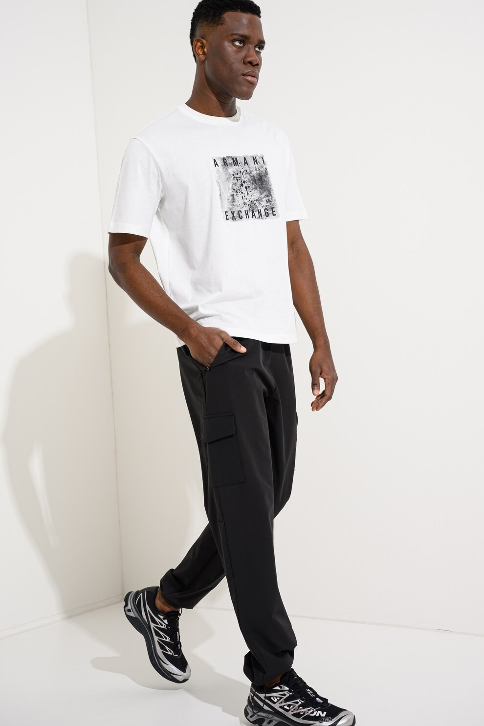 ARMANI EXCHANGE, Tricou cu logo si decolteu la baza gatului, Alb, Negru, Gri inchis, M