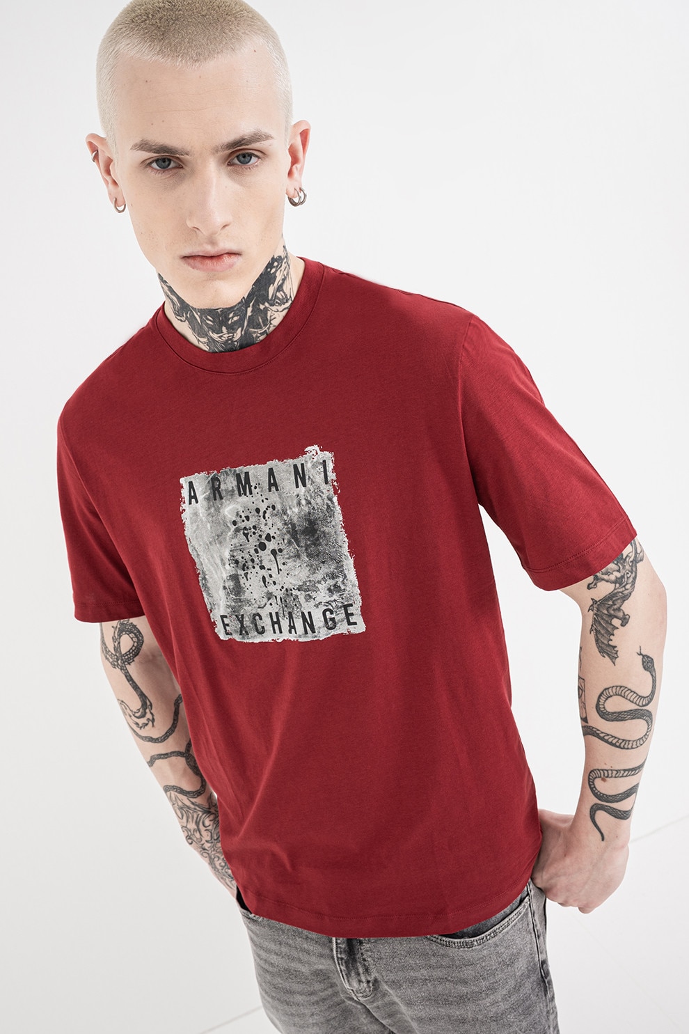 ARMANI EXCHANGE, Tricou cu logo si decolteu la baza gatului, Gri, Rosu inchis, M