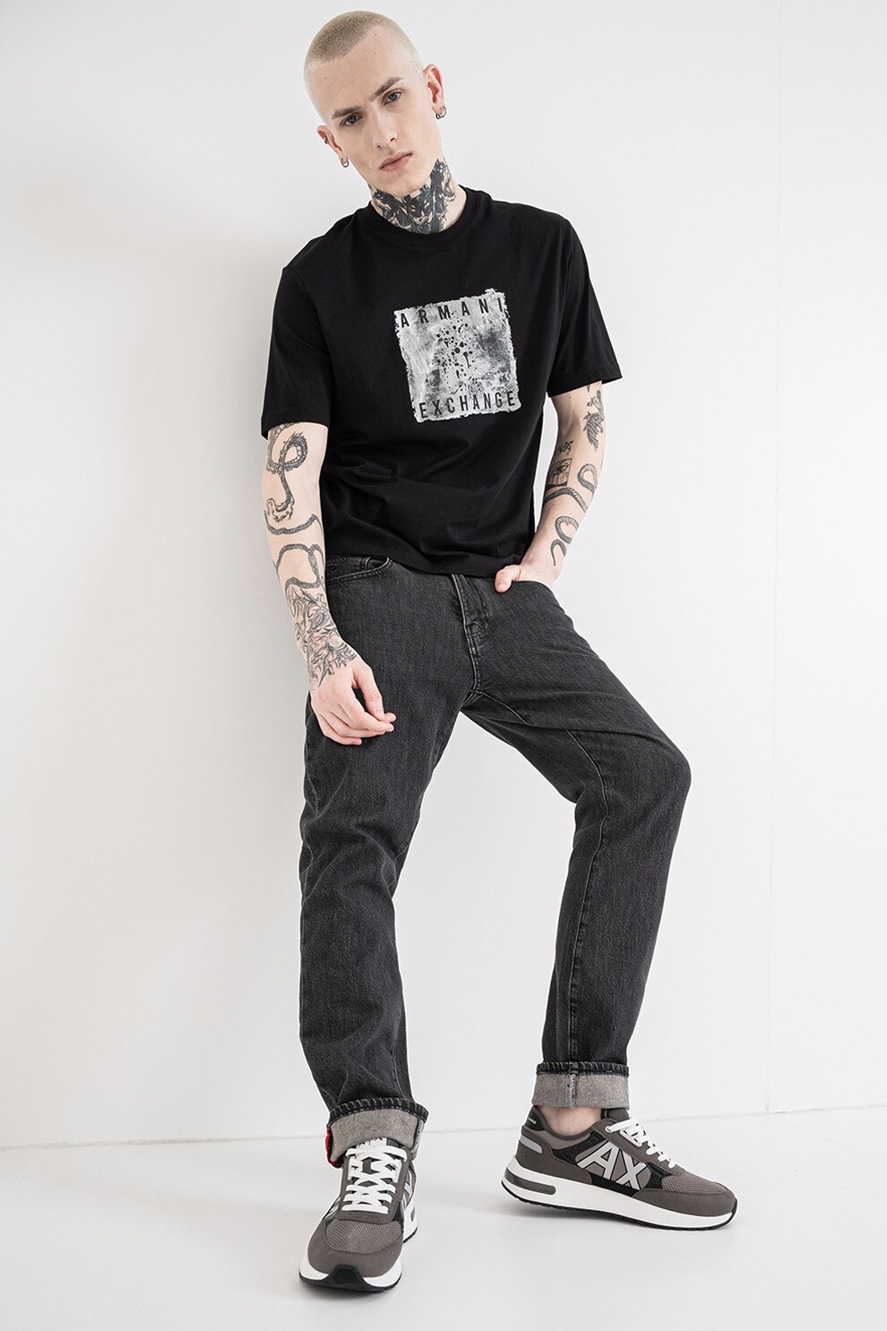 ARMANI EXCHANGE, Tricou cu logo si decolteu la baza gatului, Gri deschis, Negru, M