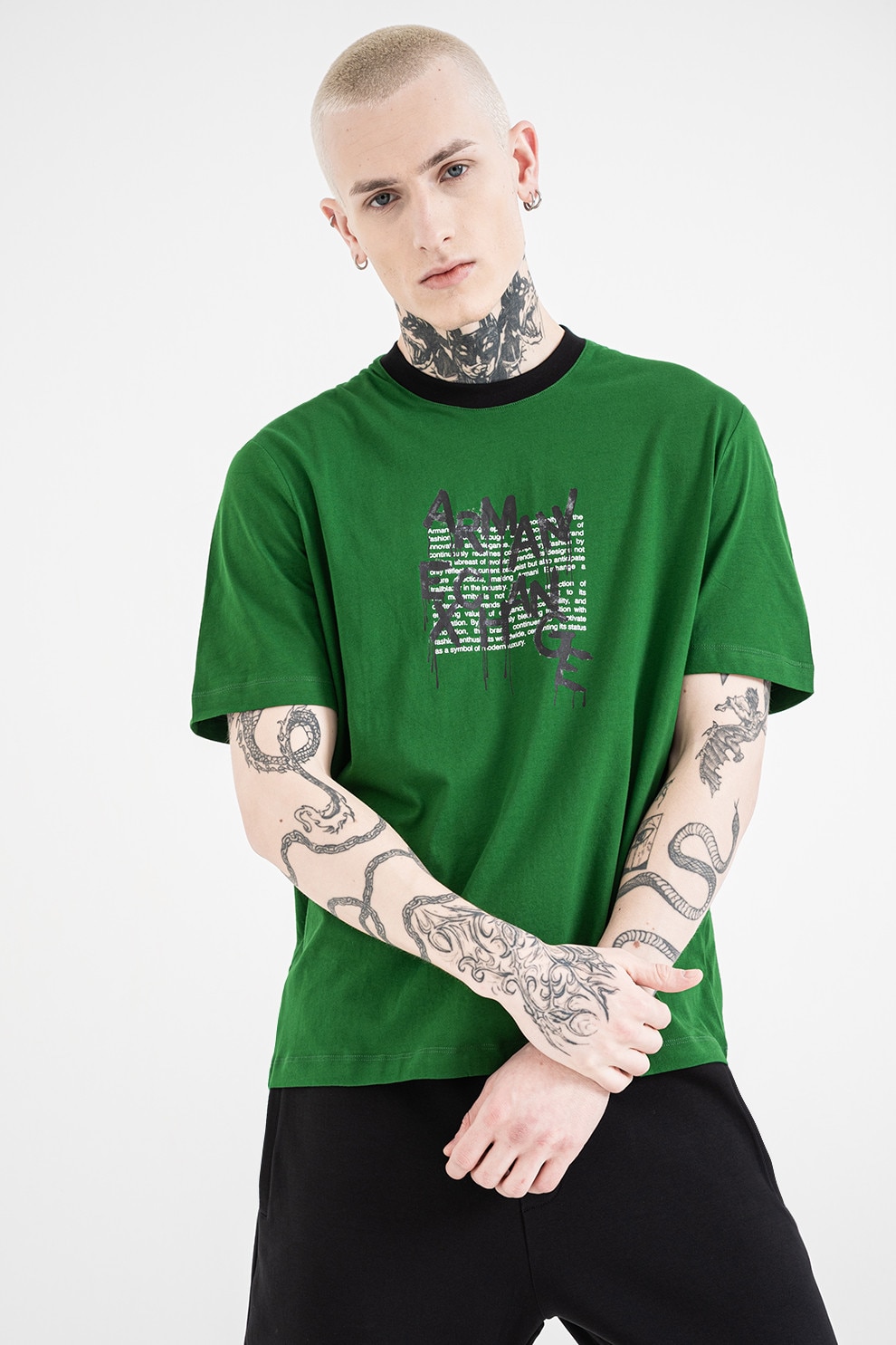 ARMANI EXCHANGE, Tricou cu decolteu la baza gatului si logo, Verde, Negru, M