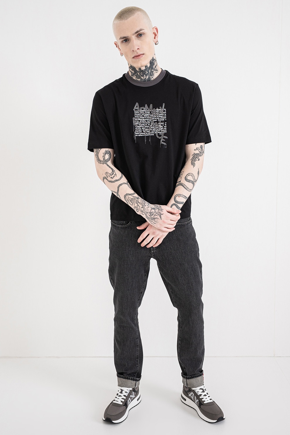 ARMANI EXCHANGE, Tricou cu decolteu la baza gatului si logo, Gri, Alb murdar, Negru, S