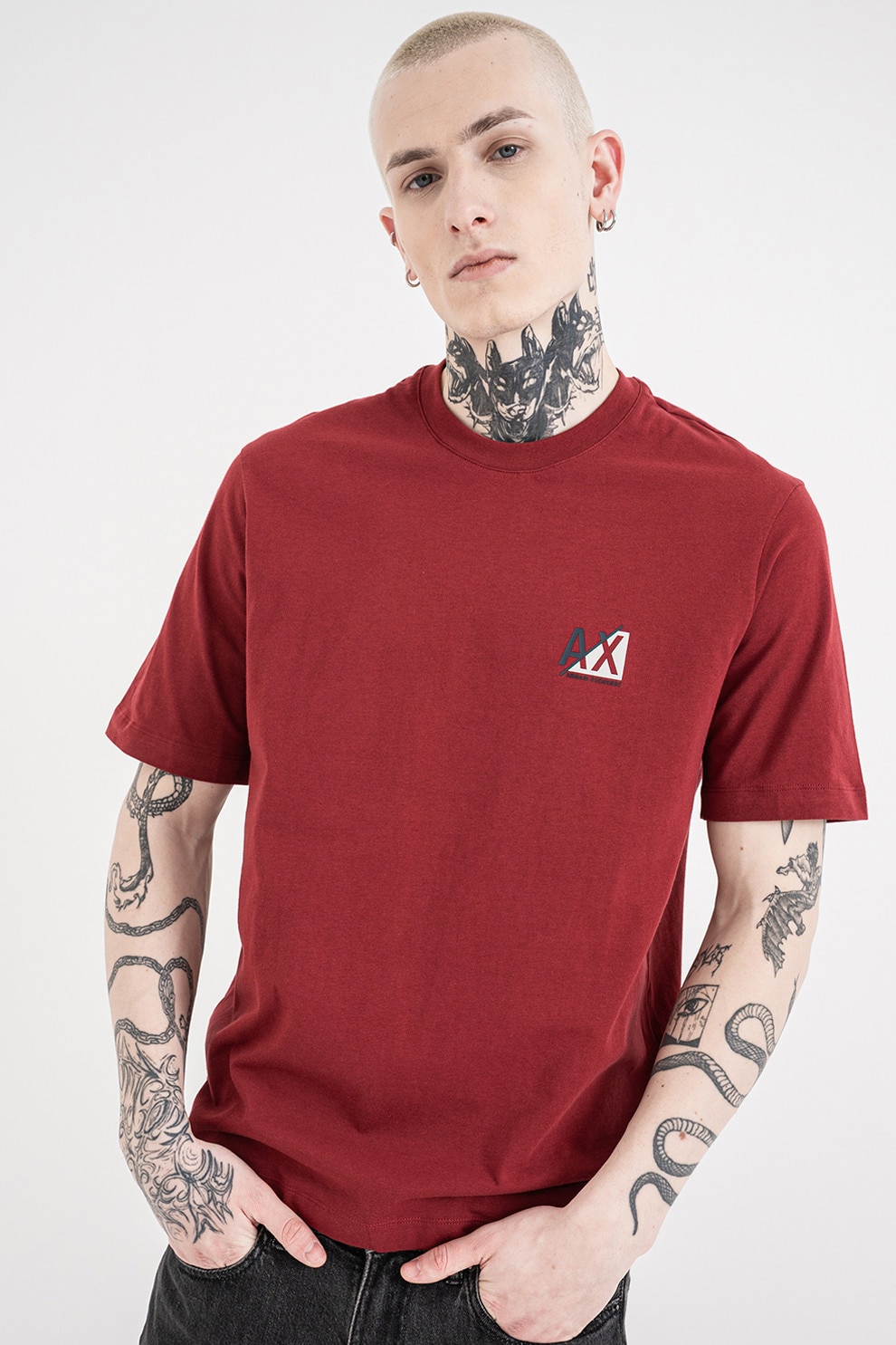 ARMANI EXCHANGE, Tricou de bumbac cu logo, Rosu inchis, S