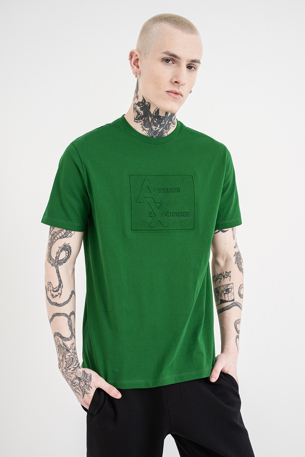 ARMANI EXCHANGE, Tricou de bumbac cu decolteu la baza gatului, Verde, M
