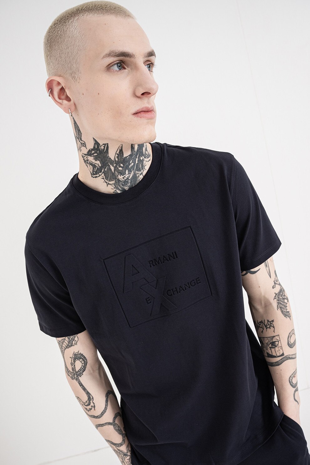 ARMANI EXCHANGE, Tricou de bumbac cu decolteu la baza gatului, Bleumarin, M