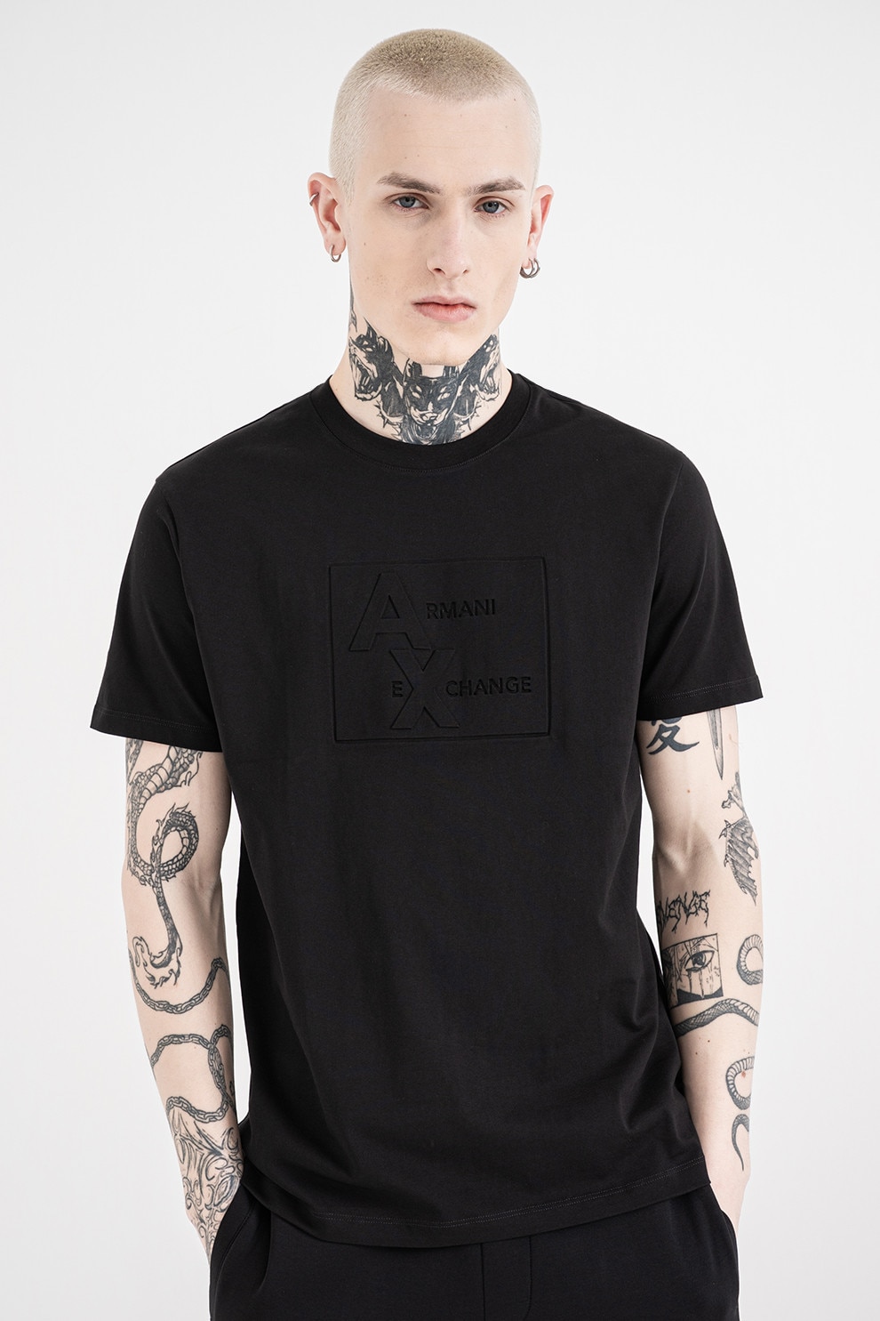 ARMANI EXCHANGE, Tricou de bumbac cu decolteu la baza gatului, Negru, XL