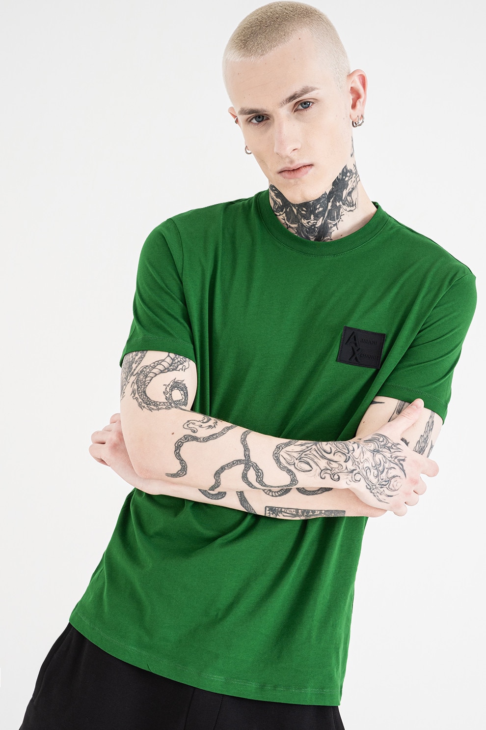 ARMANI EXCHANGE, Tricou regular fit cu decolteu la baza gatului, Verde, Negru, S