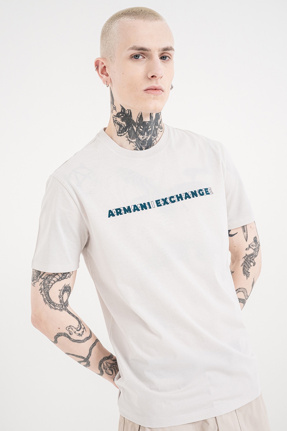 ARMANI EXCHANGE, Tricou de bumbac cu model text, Gri deschis, Albastru petrol, L