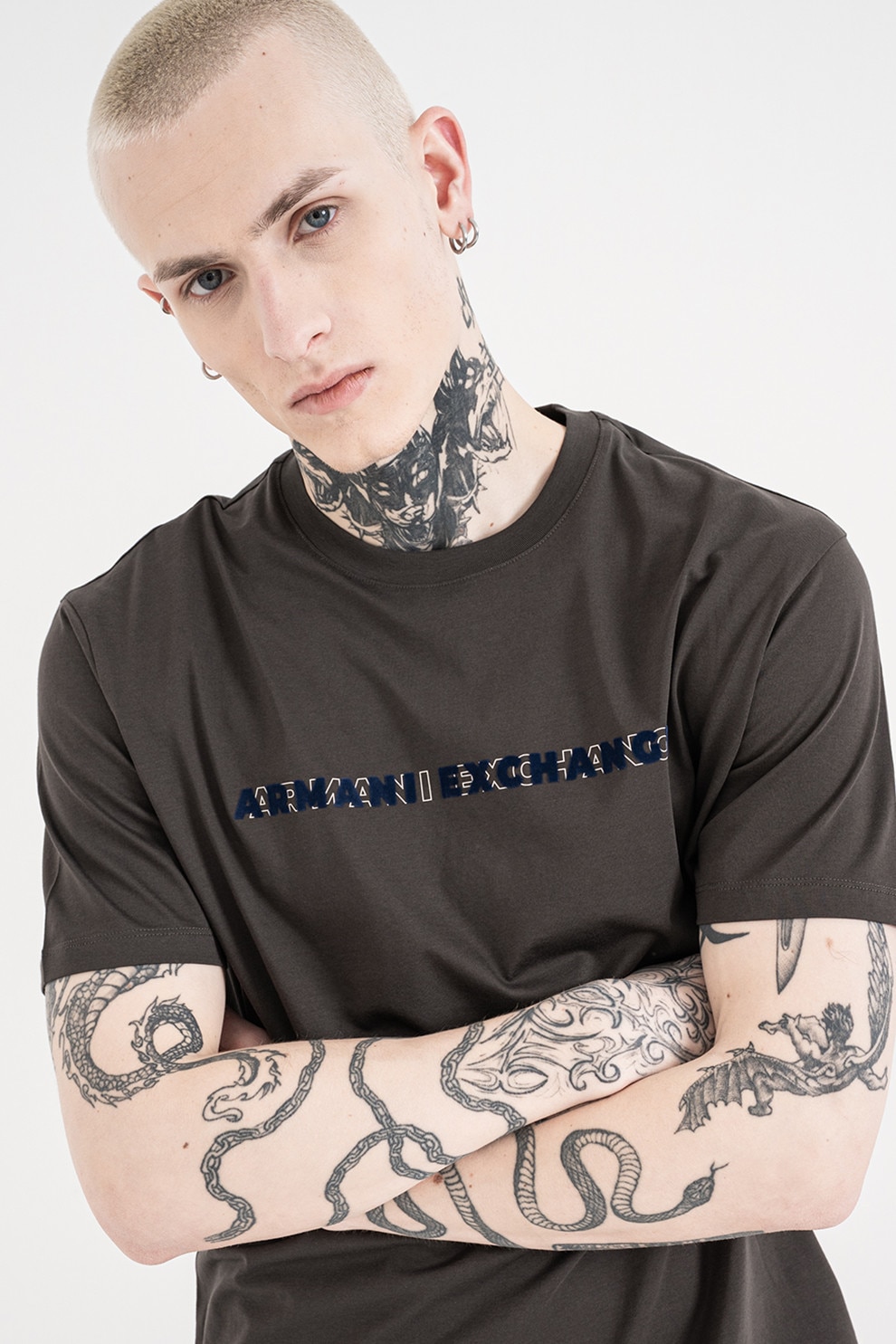 ARMANI EXCHANGE, Tricou de bumbac cu model text, Maro inchis, M