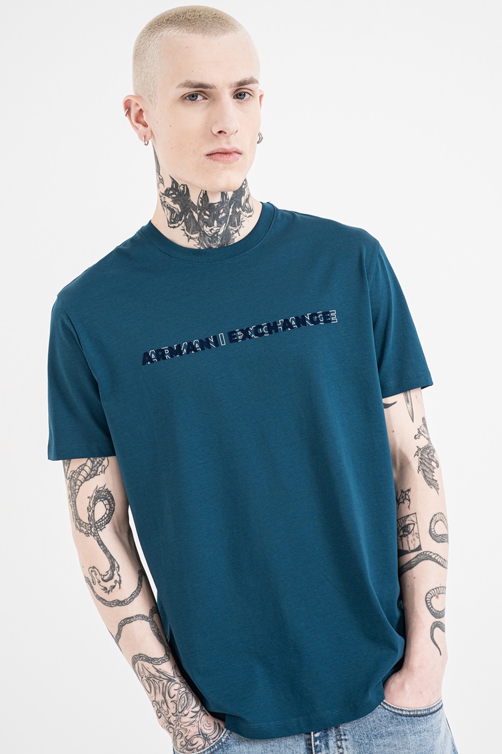 ARMANI EXCHANGE, Tricou de bumbac cu model text, Alb, Albastru petrol, Bleumarin, L
