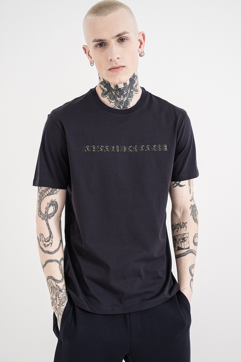 ARMANI EXCHANGE, Tricou de bumbac cu model text, Bleumarin, M