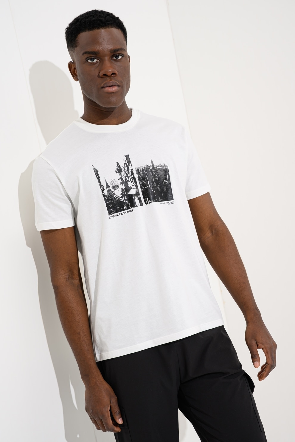 ARMANI EXCHANGE, Tricou regular fit cu model grafic, Alb, Negru stins, S