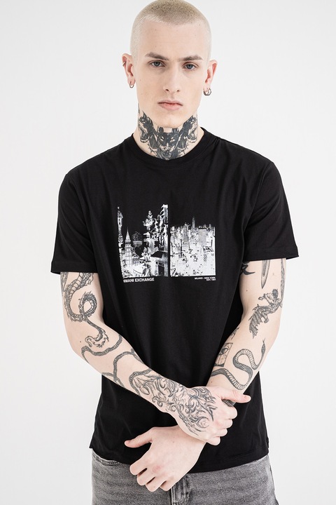 ARMANI EXCHANGE, Tricou regular fit cu model grafic, Negru/Alb murdar