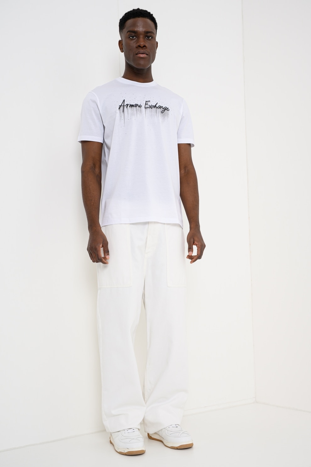 ARMANI EXCHANGE, Tricou cu logo si decolteu la baza gatului, Alb optic, Negru, Argintiu, M