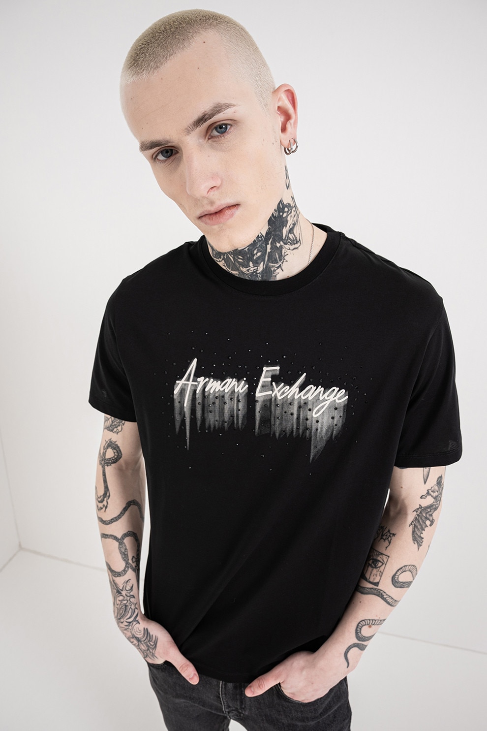 ARMANI EXCHANGE, Tricou cu logo si decolteu la baza gatului, Alb murdar, Negru, L