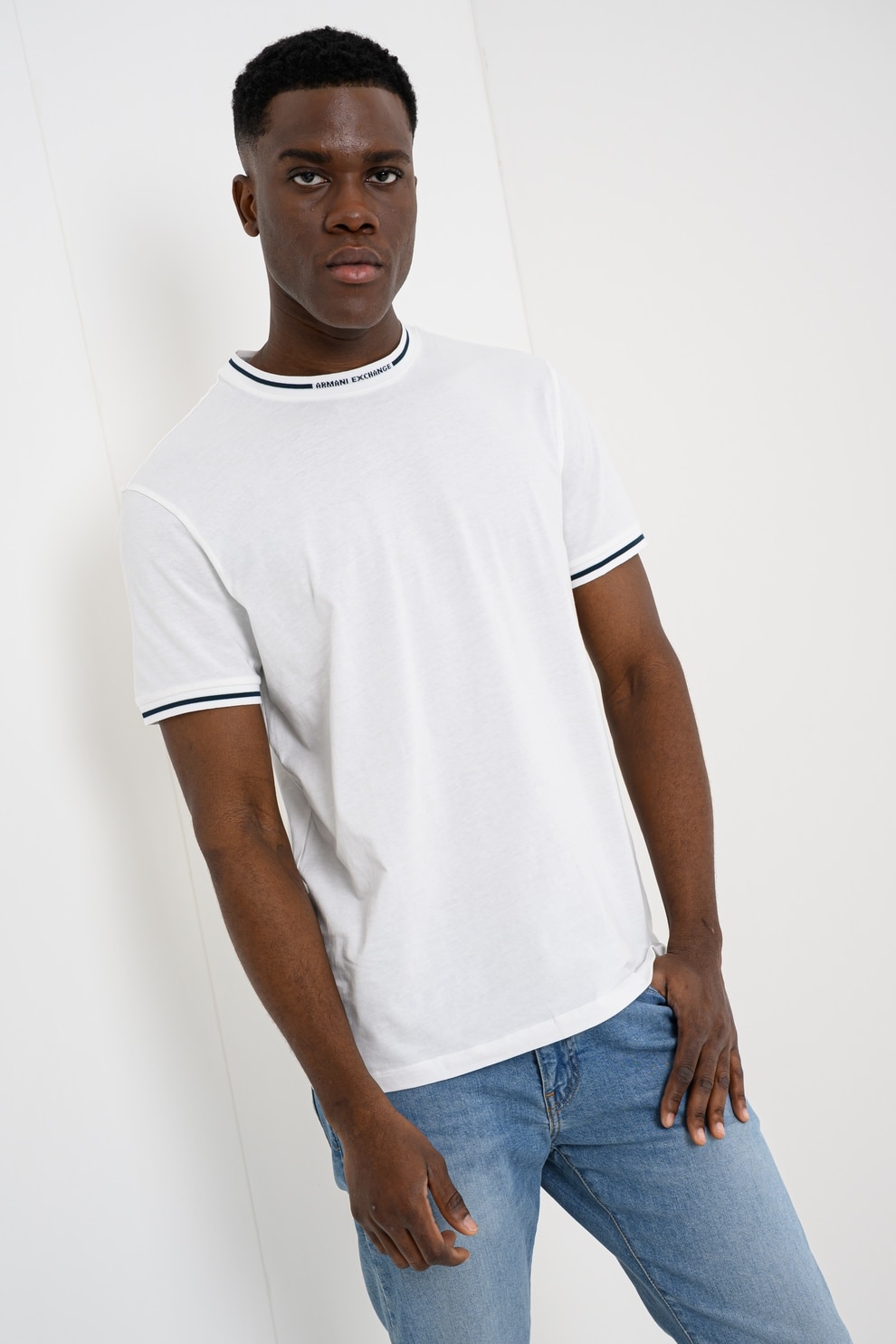 ARMANI EXCHANGE, Tricou uni cu decolteu la baza gatului, Alb, Albastru petrol, XL