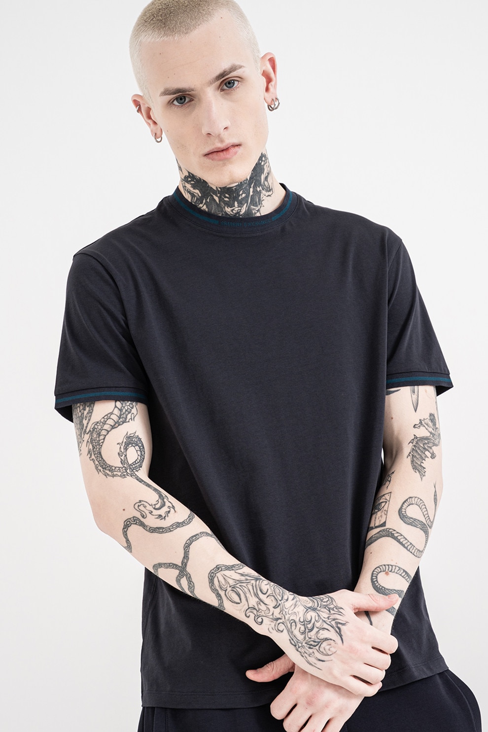 ARMANI EXCHANGE, Tricou uni cu decolteu la baza gatului, Albastru petrol, Bleumarin, L