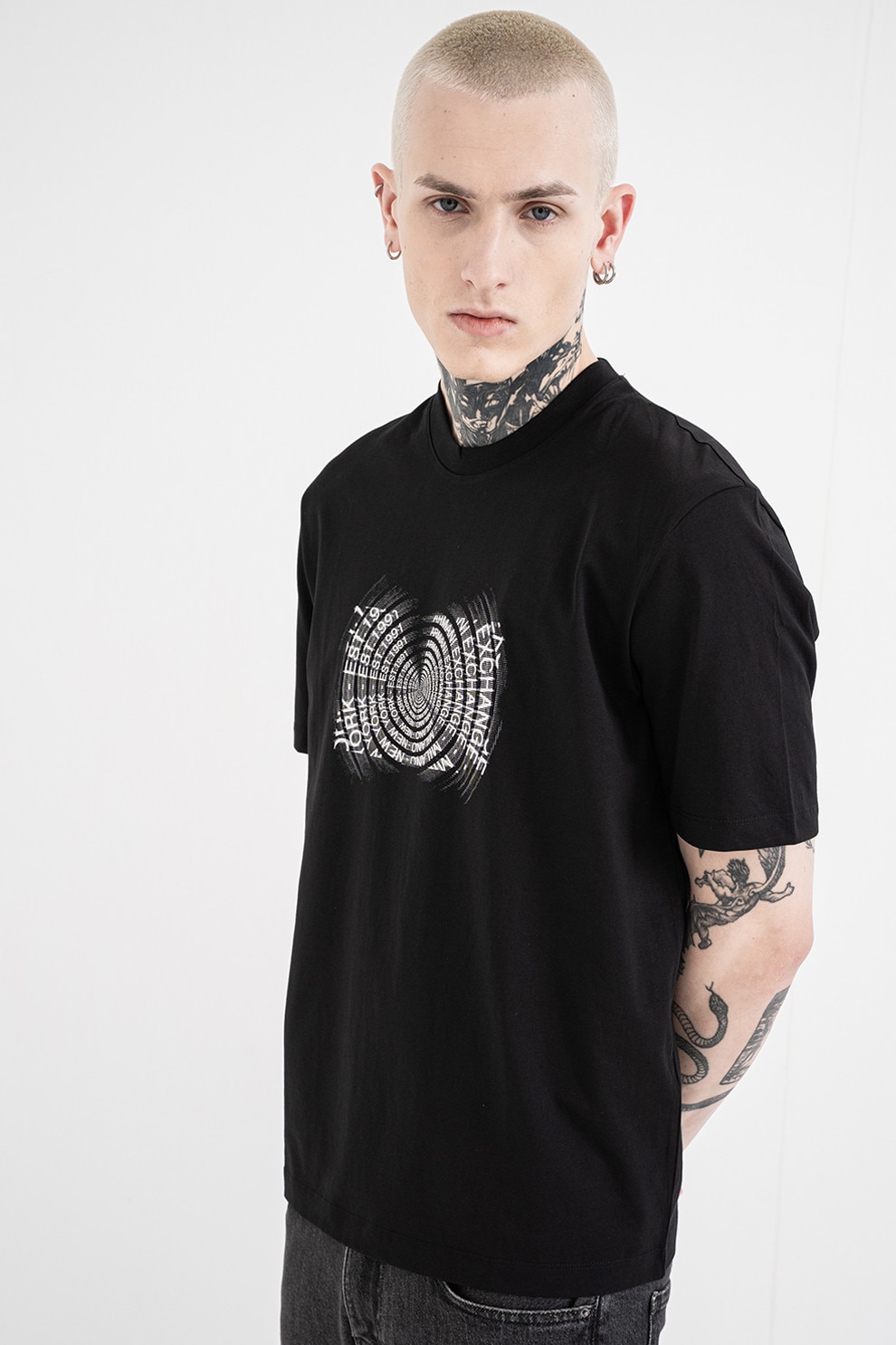 ARMANI EXCHANGE, Tricou cu decolteu la baza gatului si model grafic, Alb murdar, Negru, M