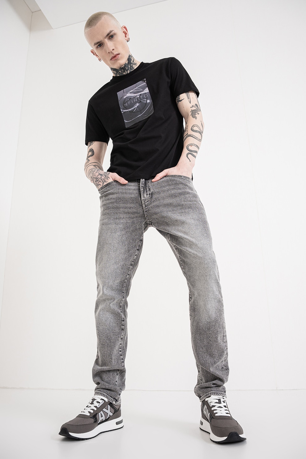 ARMANI EXCHANGE, Tricou de bumbac cu model grafic, Gri cenusiu, Negru, S