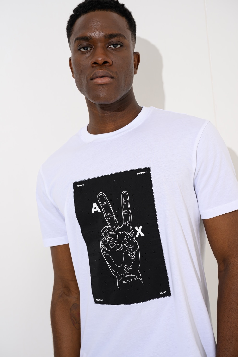 ARMANI EXCHANGE, Tricou regular fit cu model grafic, Alb optic, Negru, L