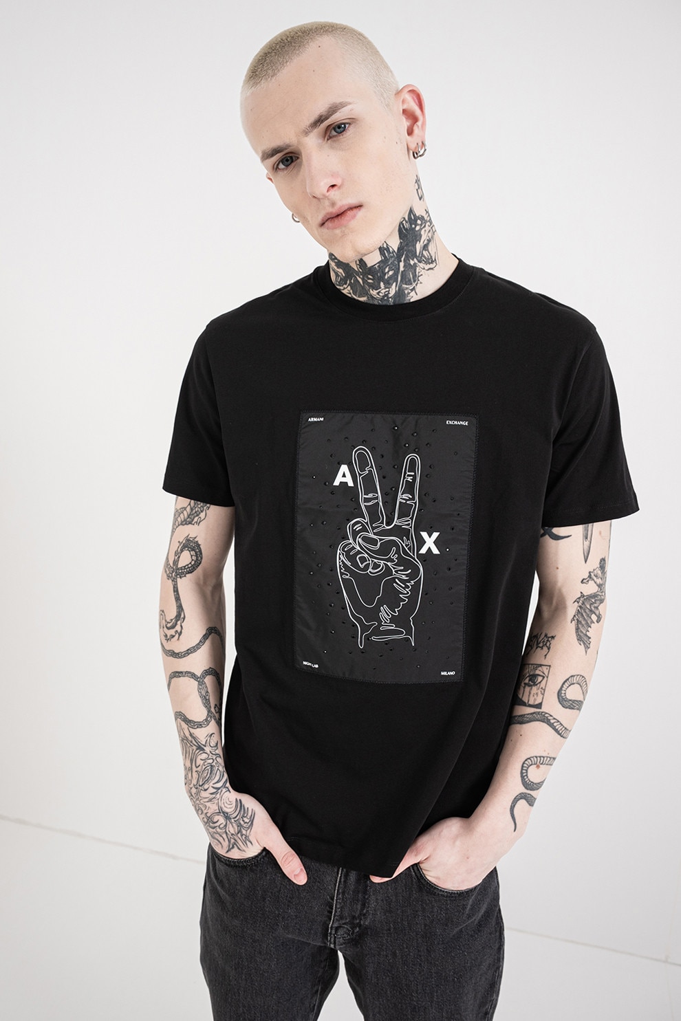 ARMANI EXCHANGE, Tricou regular fit cu model grafic, Alb, Negru, M