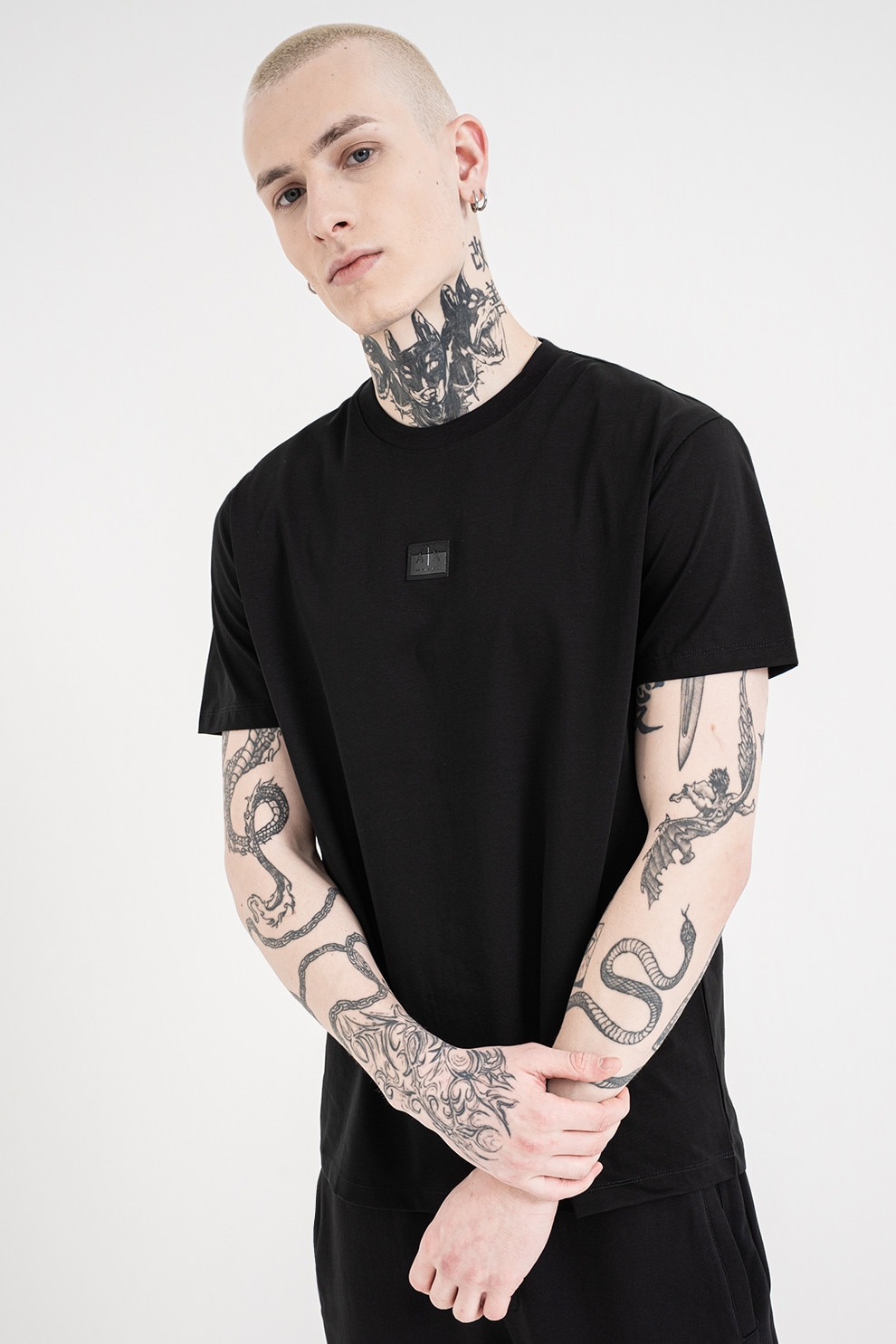ARMANI EXCHANGE, Tricou de bumbac cu decolteu la baza gatului si logo, Negru, XL