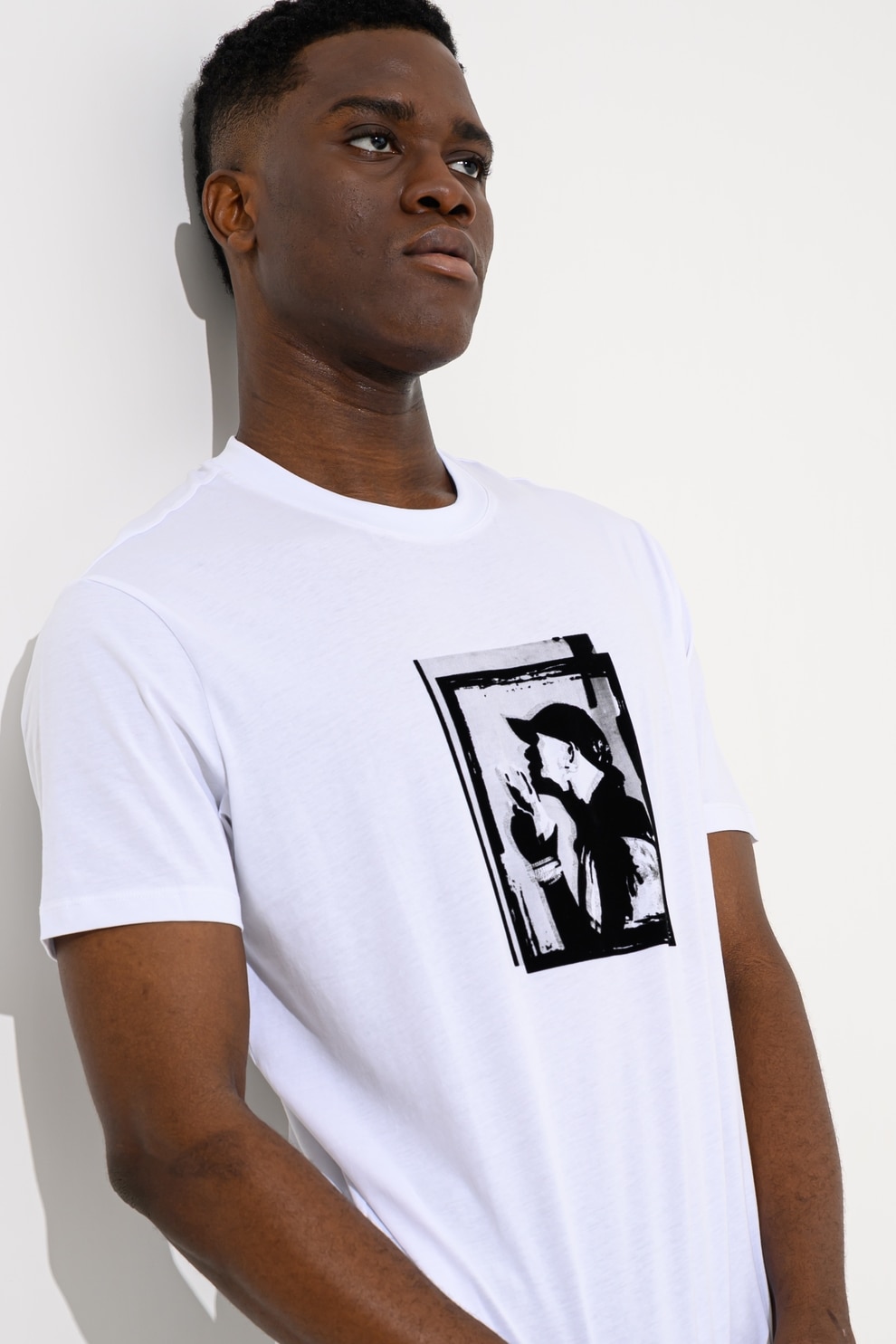 ARMANI EXCHANGE, Tricou cu decolteu la baza gatului si imprimeu grafic pe piept, Alb optic, Negru, XL