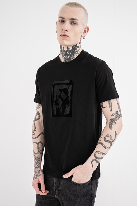 ARMANI EXCHANGE, Tricou cu decolteu la baza gatului si imprimeu grafic pe piept, Negru