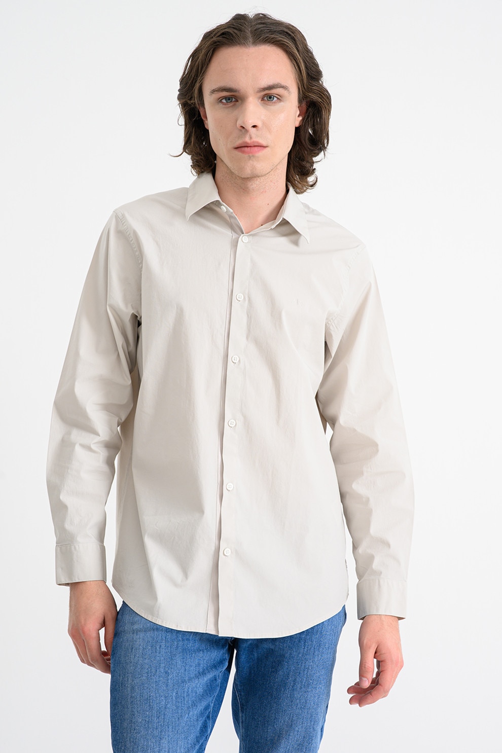 ARMANI EXCHANGE, Camasa din amestec de bumbac cu guler clasic, Alb murdar, L
