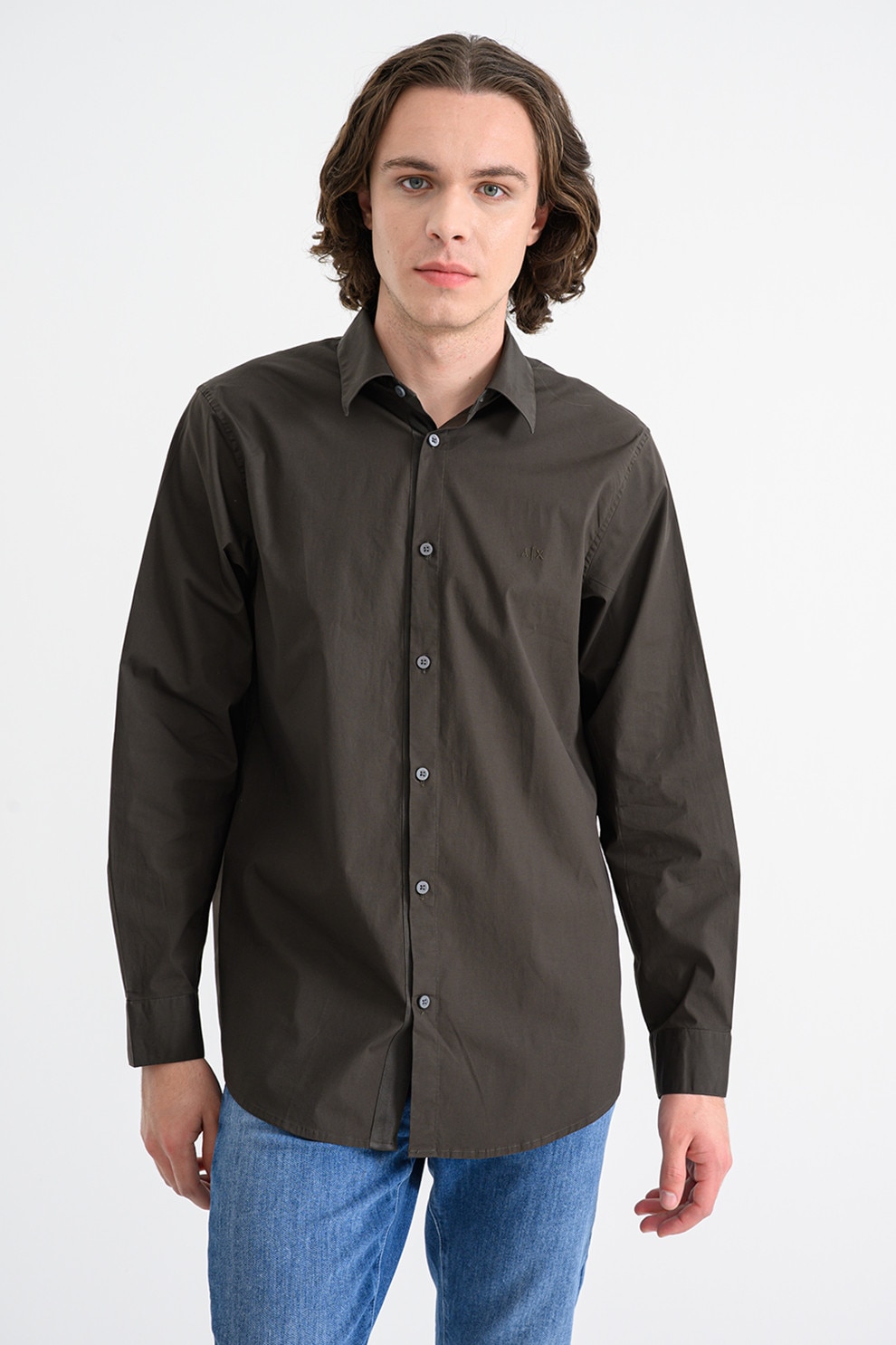 ARMANI EXCHANGE, Camasa din amestec de bumbac cu guler clasic, Maro inchis, L
