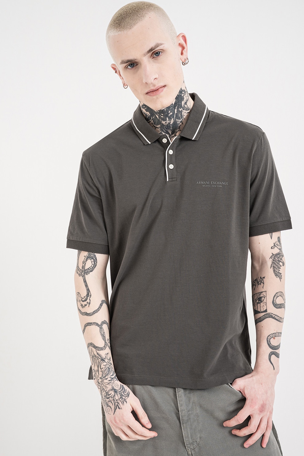 ARMANI EXCHANGE, Tricou polo uni, Alb, verde militar inchis, L