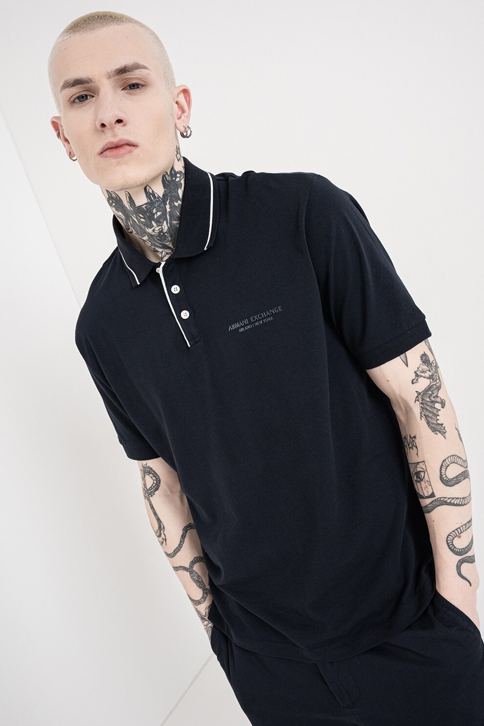 ARMANI EXCHANGE, Tricou polo uni, Alb, Bleumarin, XL