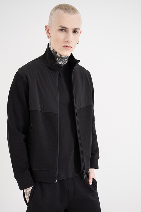 ARMANI EXCHANGE, Bluza de trening cu fermoat si guler mediu, Negru
