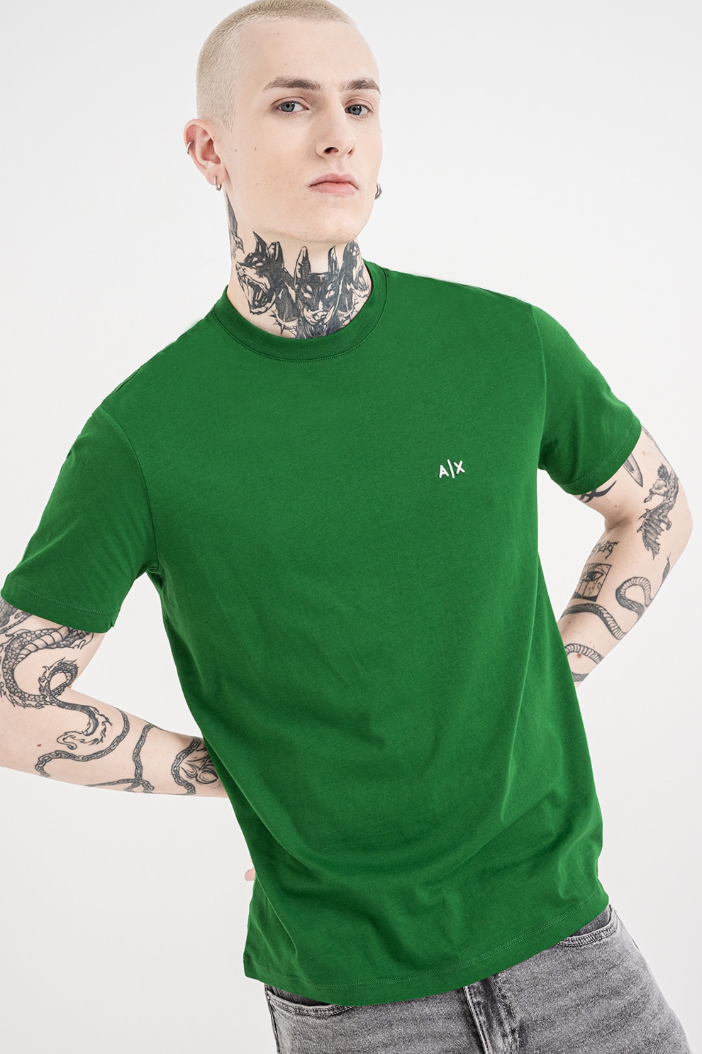 ARMANI EXCHANGE, Tricou uni de bumbac cu logo discret, Alb, Verde, XL