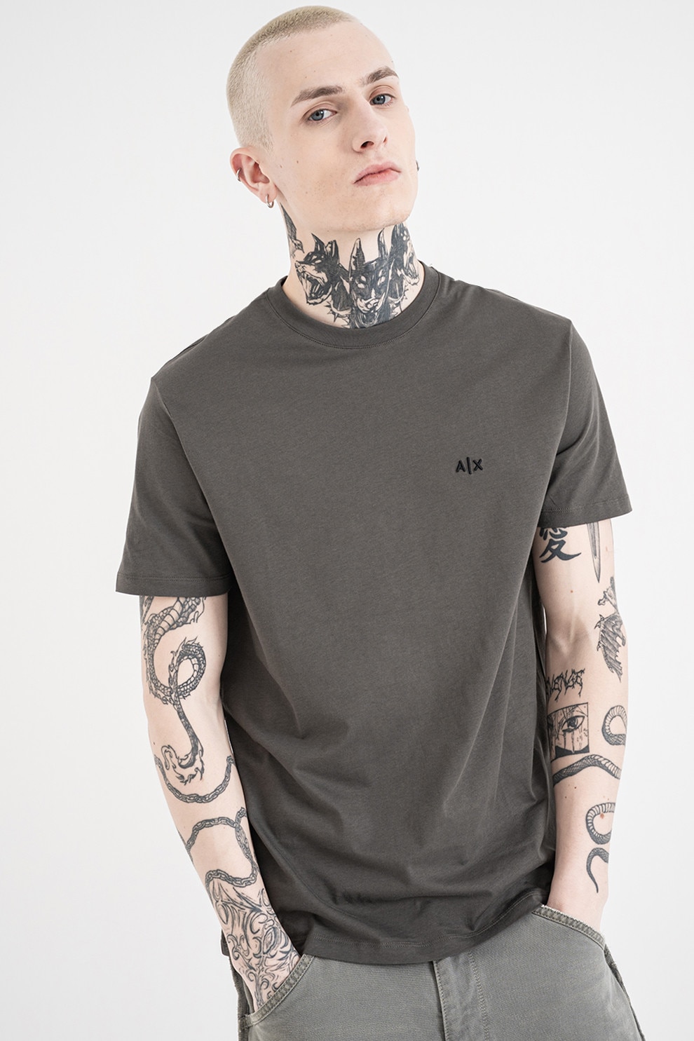 ARMANI EXCHANGE, Tricou uni de bumbac cu logo discret, verde militar inchis, M