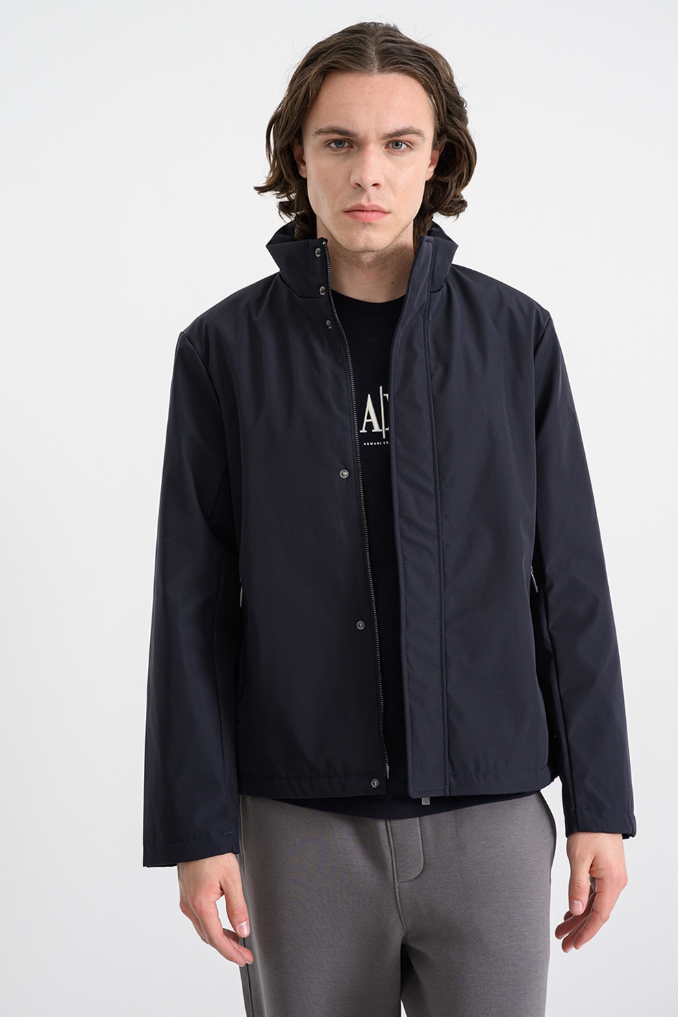 ARMANI EXCHANGE, Jacheta cu fermoar si guler inalt, Albastru