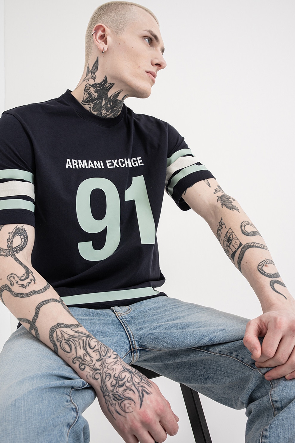 ARMANI EXCHANGE, Tricou de bumbac cu imprimeu, Verde pal, Bleumarin, M