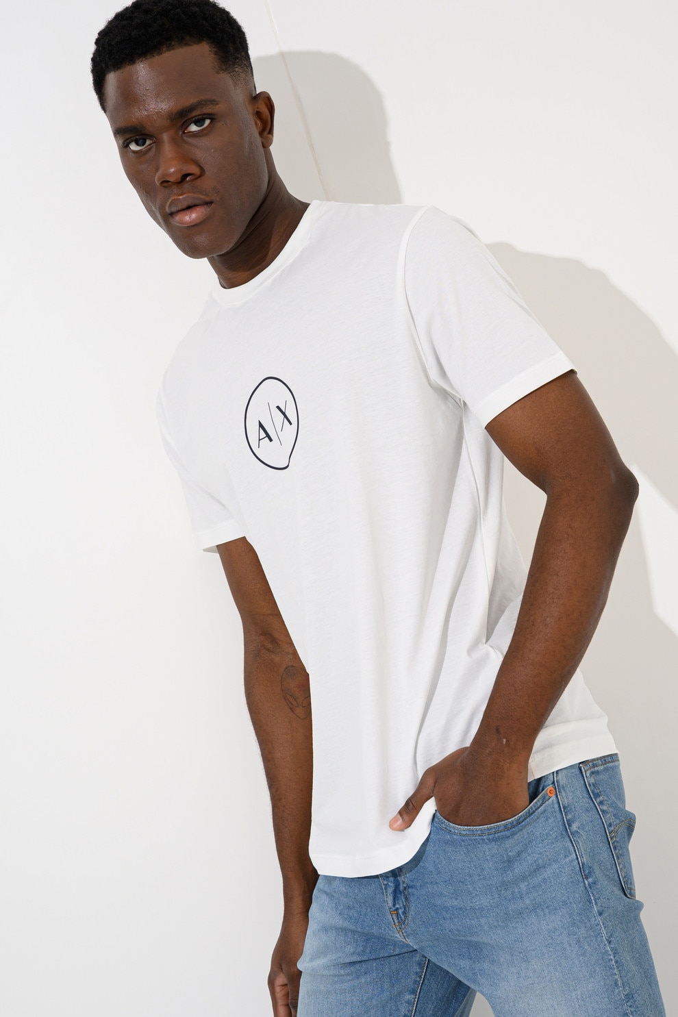 ARMANI EXCHANGE, Tricou de bumbac cu monograma, Alb, Negru, S